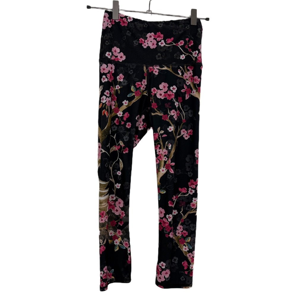 Yoga Democracy Leggings Womens XS Black Cherry Blossom Floral Gym Flowers Crop